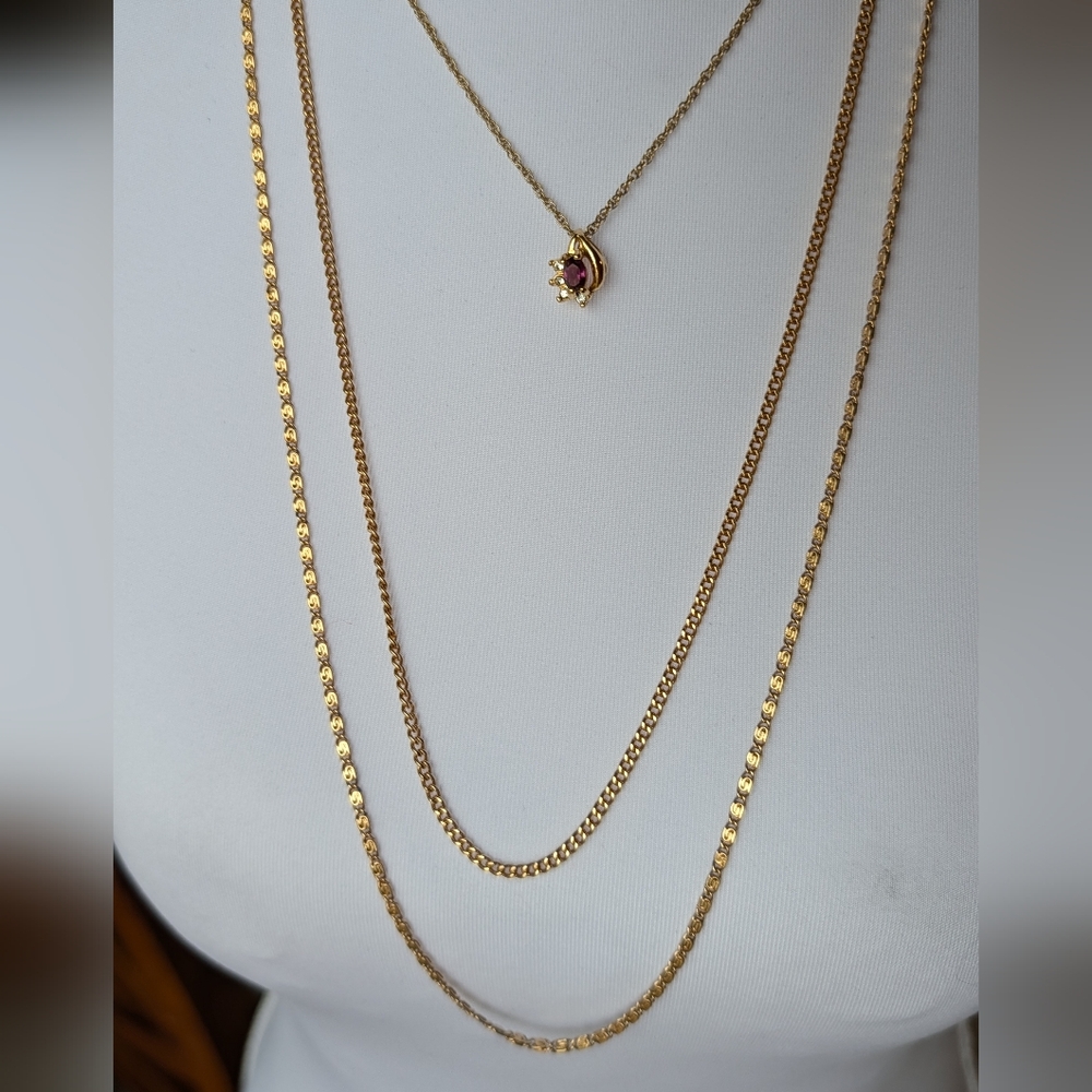 2 Gold Tone Necklaces 3 Strings 1 w/ Amethyst & Crystal Pendant VTG Great Cond.
